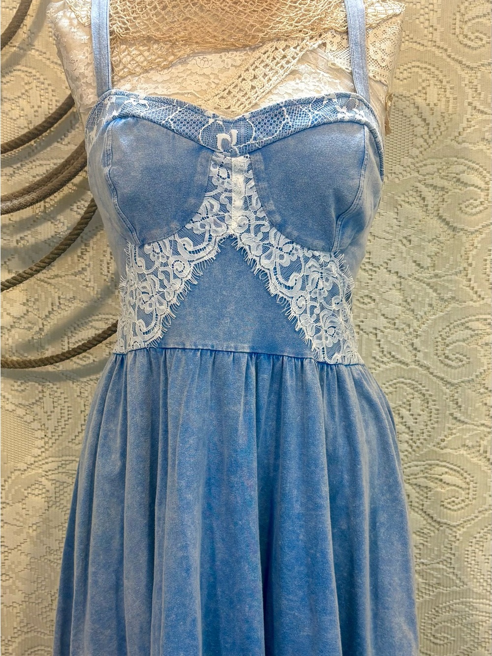 Topshop PETITE Light Blue Lace-Trim Strapless Fit & Flare Dress